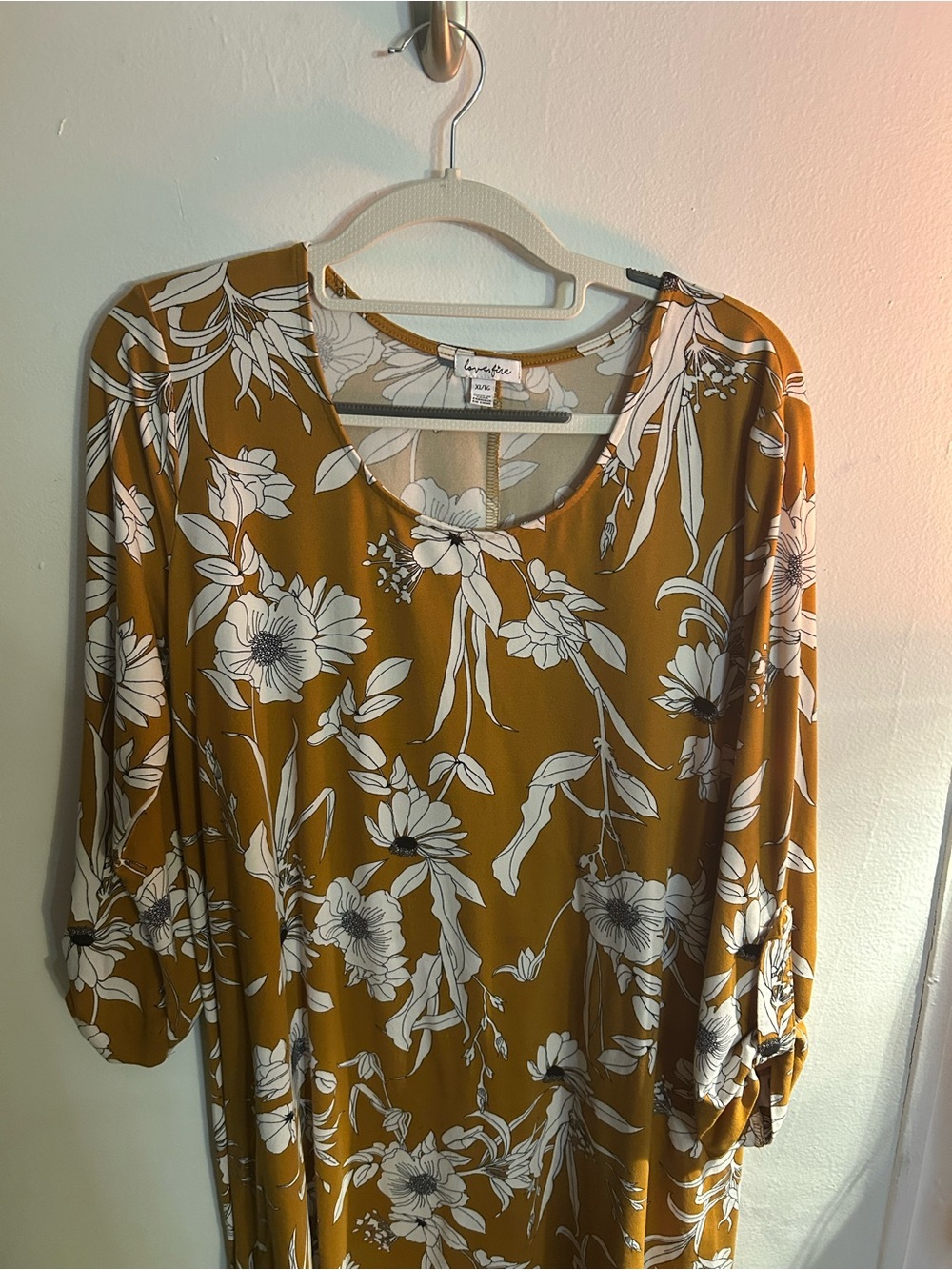 love, Fire Mustard Floral Top with White Blooms